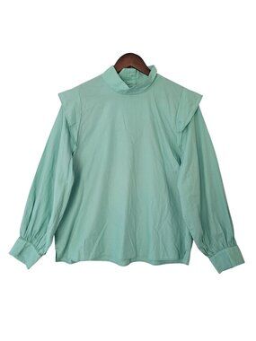 Everlane The Wing Shoulder Mockneck Ruffle Top Womens Size 14 Jade Cotton NWT